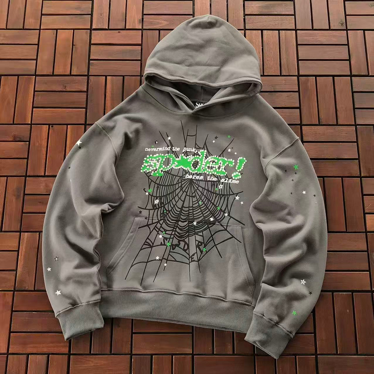 Grey and Green Web Hoodie